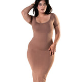 Body Modelador Midi Vestido com Fenda e Mangas Curtas
